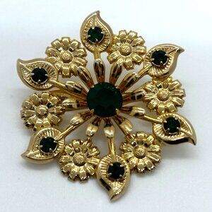 Vintage Gold Tone Brooch With Emerald Green Rhinestone Flower Sunburst Atomic